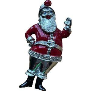 Vintage Santa Claus Rhinestone Brooch Pin Red & Black Enamel Silver Tone Metal